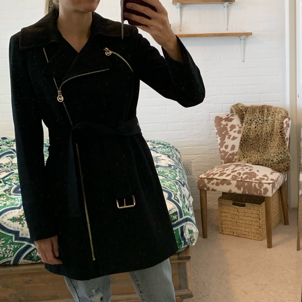 Michael Kors black wool coat with gold zipper